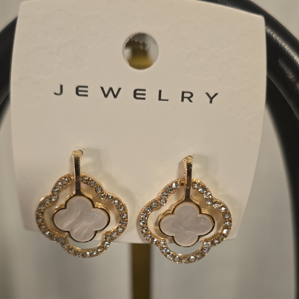 Clover White and Gold Quatrefoil Earrings with Rhinestone Accents
